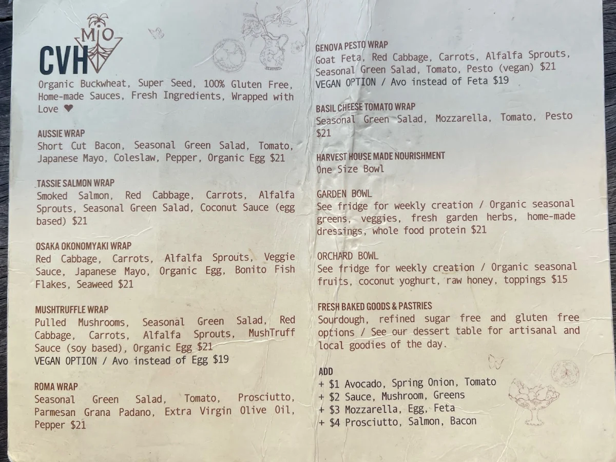 Menu, Currumbin Valley Harvest
