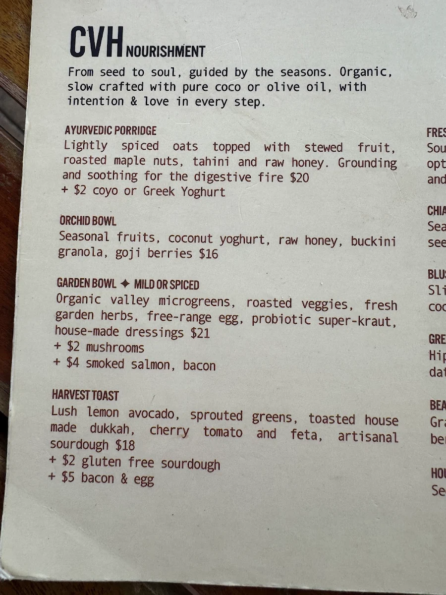 Menu, Currumbin Valley Harvest