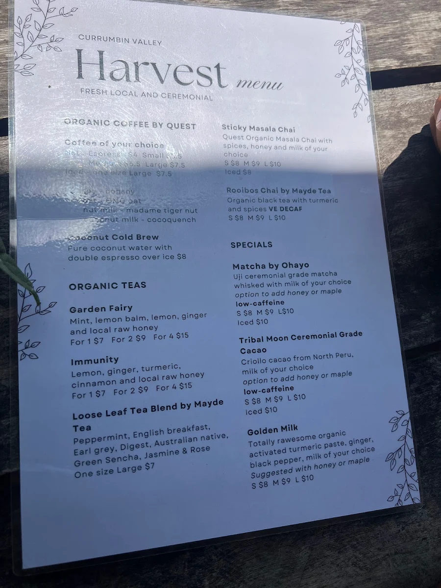Menu, Currumbin Valley Harvest
