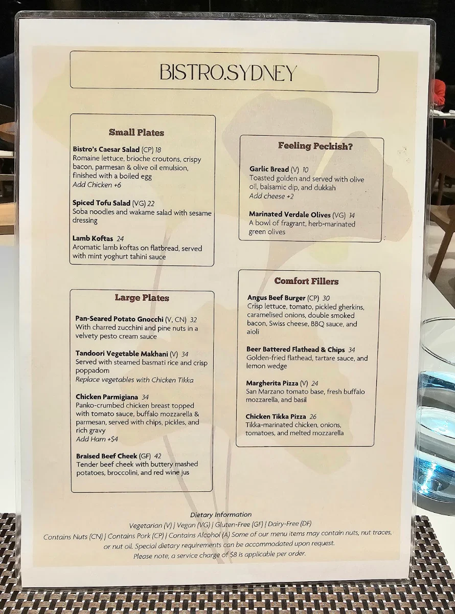Menu, Bistro Sydney