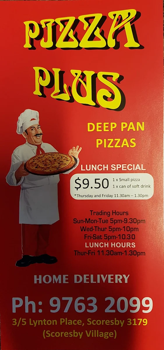 Menu, Pizza Plus (Delivery & Takeaway)
