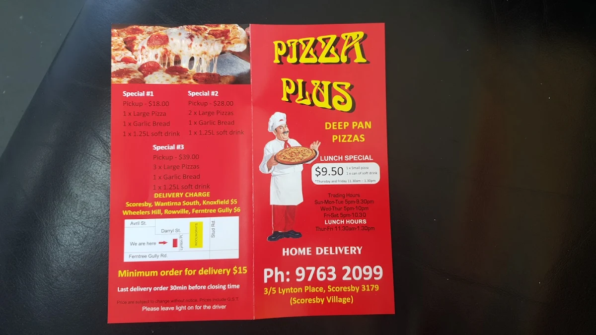 Menu, Pizza Plus (Delivery & Takeaway)
