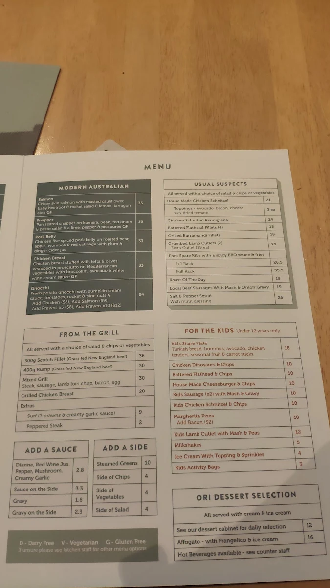 Menu, Oriental Hotel Mudgee