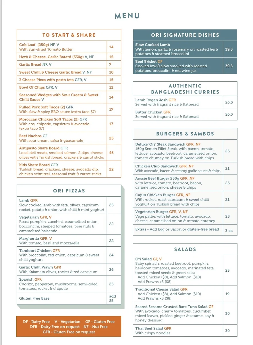 Menu, Oriental Hotel Mudgee