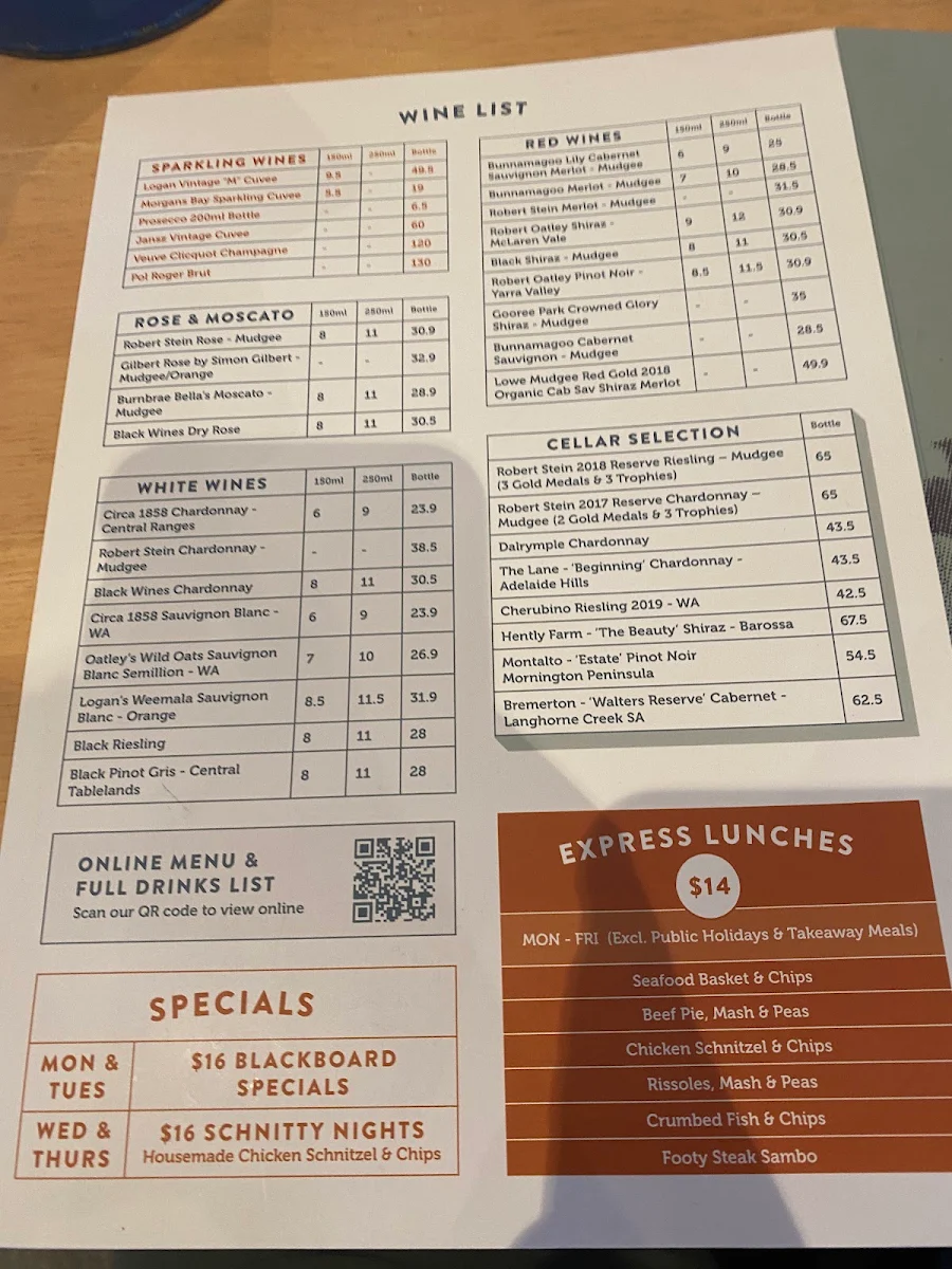 Menu, Oriental Hotel Mudgee