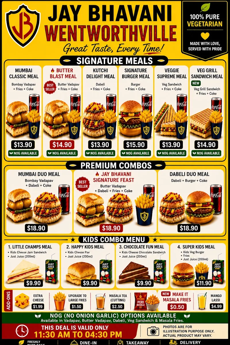 Menu, Jay Bhavani Wentworthville - Indian Vegetarian Restaurant