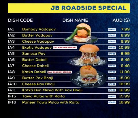 Menu, Jay Bhavani Wentworthville - Indian Vegetarian Restaurant