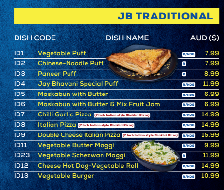 Menu, Jay Bhavani Wentworthville - Indian Vegetarian Restaurant