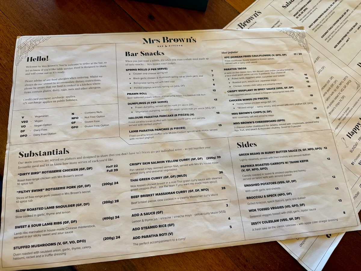 Menu, Mrs Brown's Bar & Kitchen
