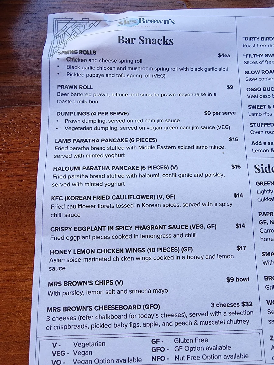 Menu, Mrs Brown's Bar & Kitchen