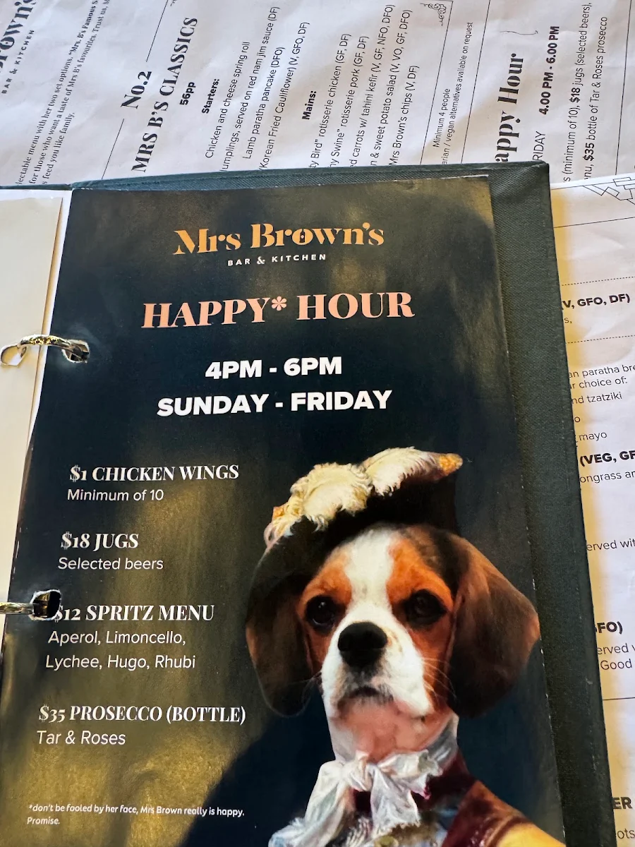 Menu, Mrs Brown's Bar & Kitchen