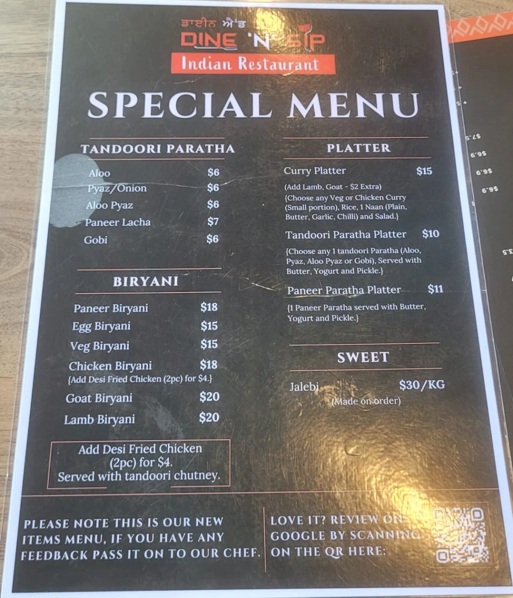 Menu, DINE 'N' SIP