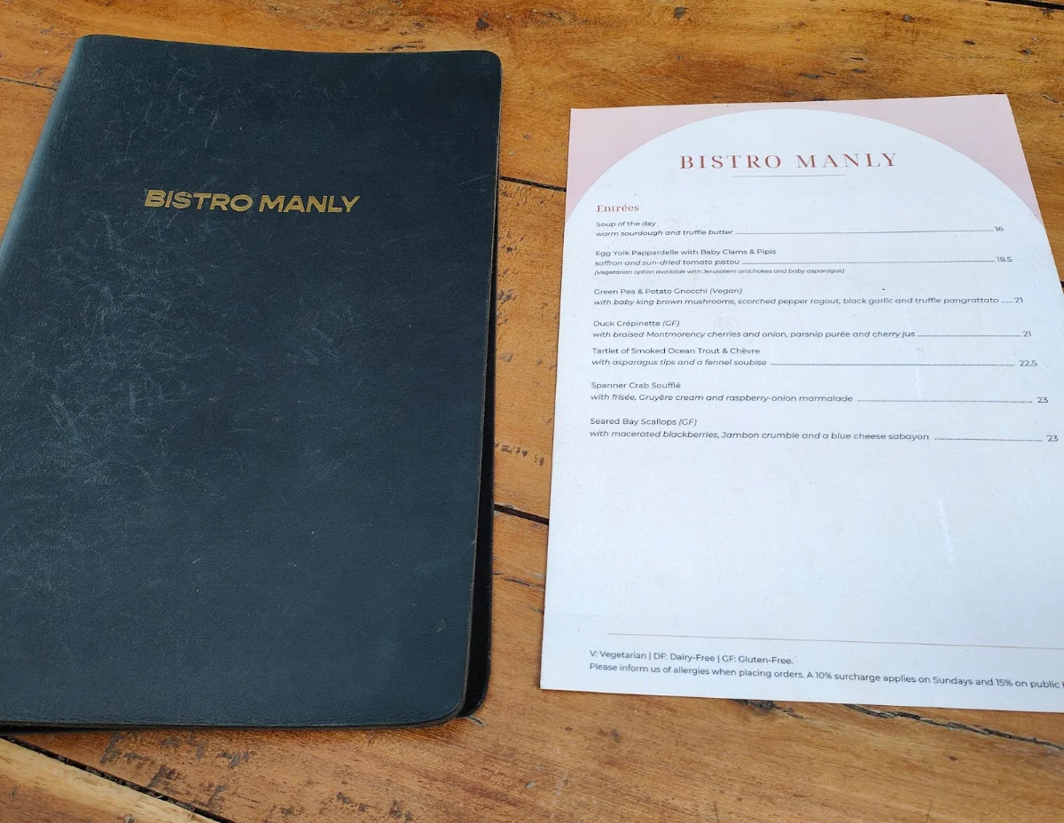 Menu, Bistro Manly