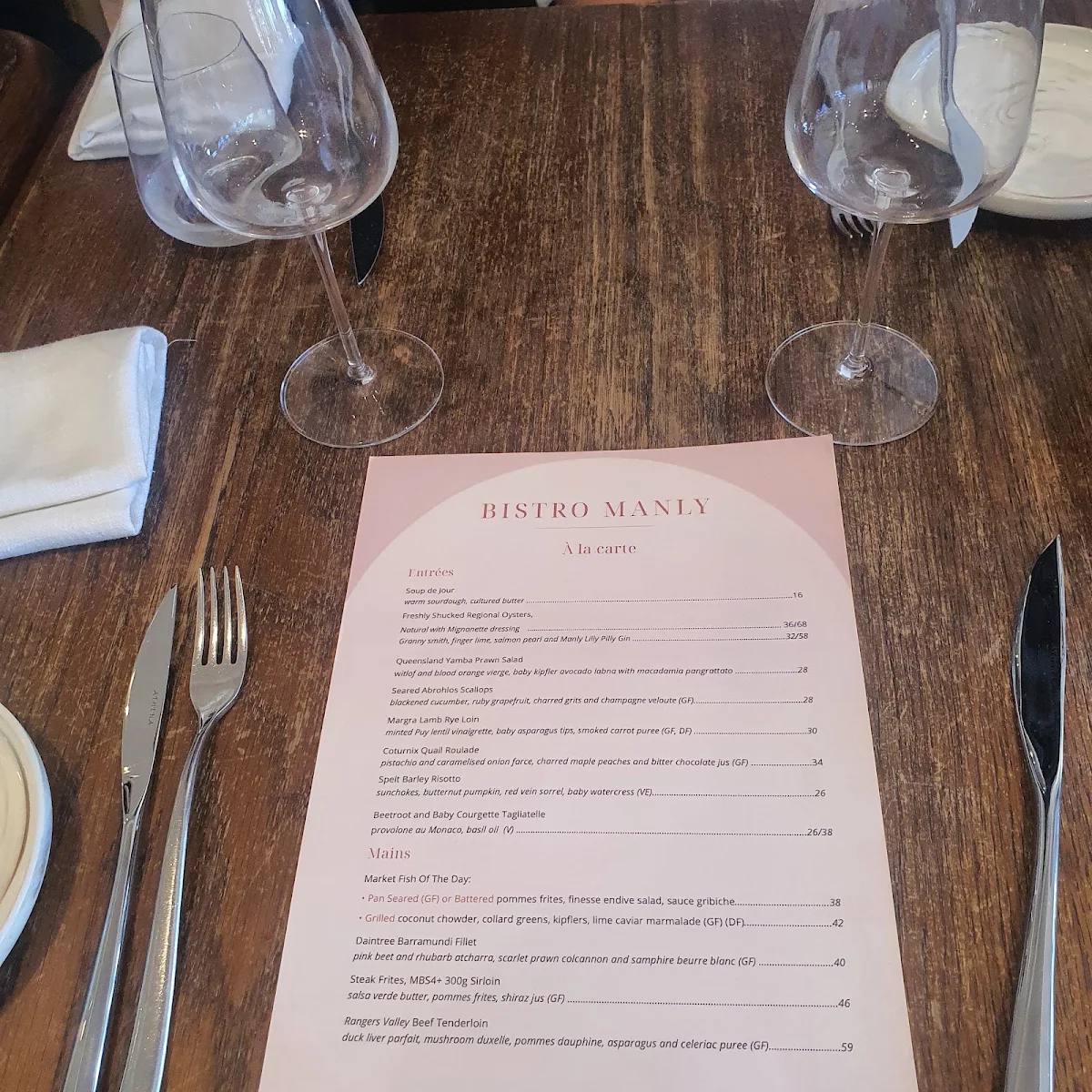 Menu, Bistro Manly