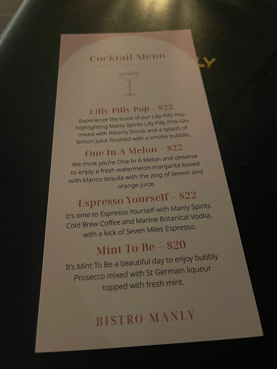Menu, Bistro Manly