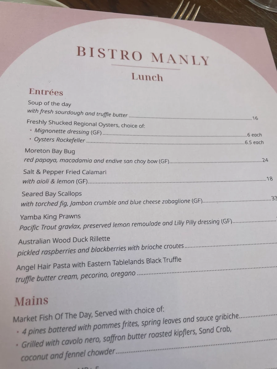Menu, Bistro Manly