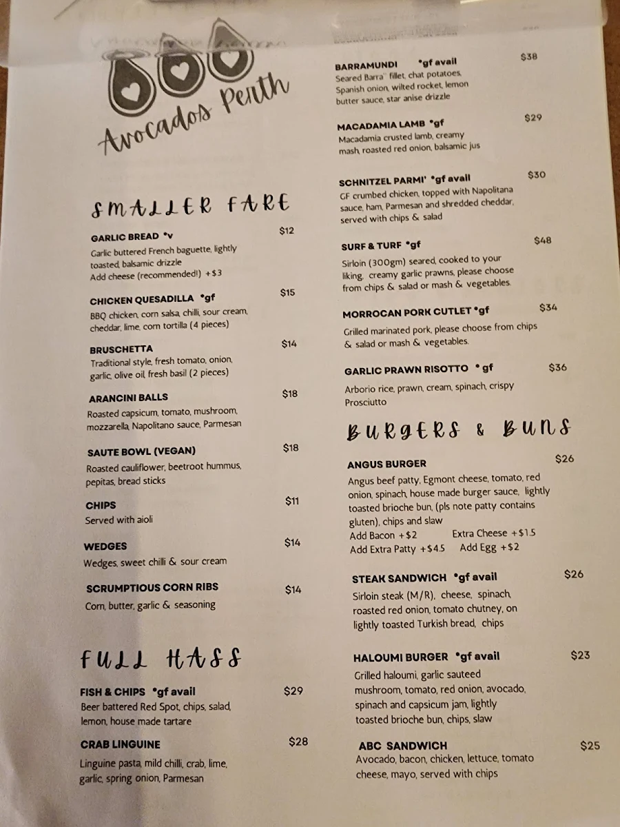 Menu, Avocados Bar & Café