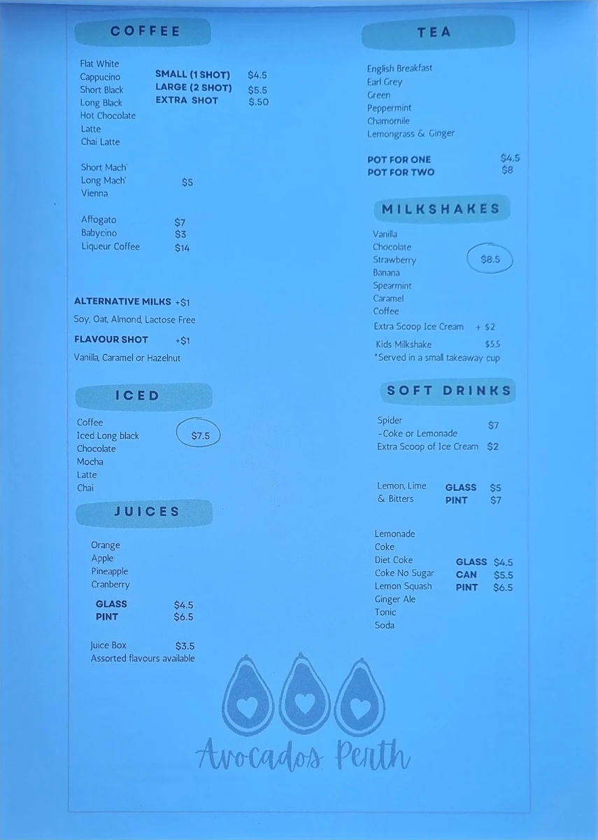 Menu, Avocados Bar & Café