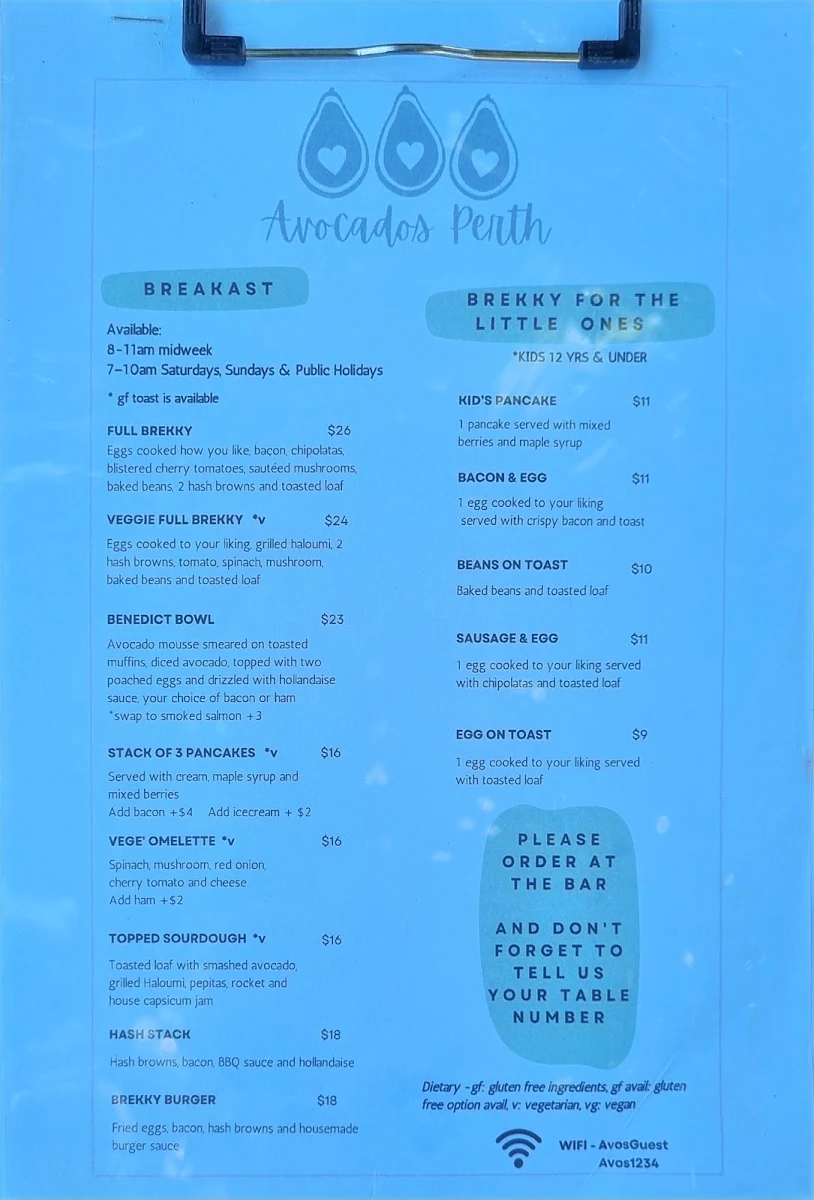 Menu, Avocados Bar & Café