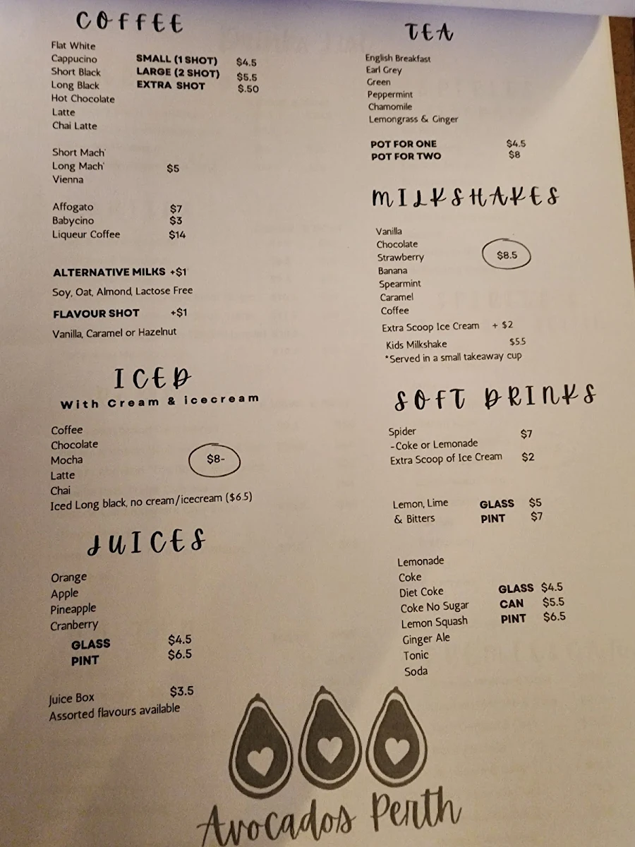 Menu, Avocados Bar & Café