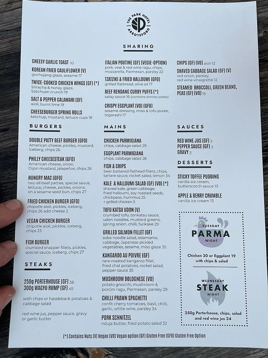 Menu, The Park Hotel