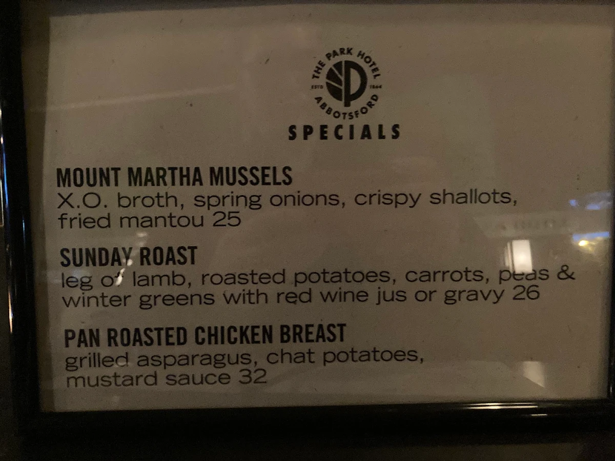 Menu, The Park Hotel