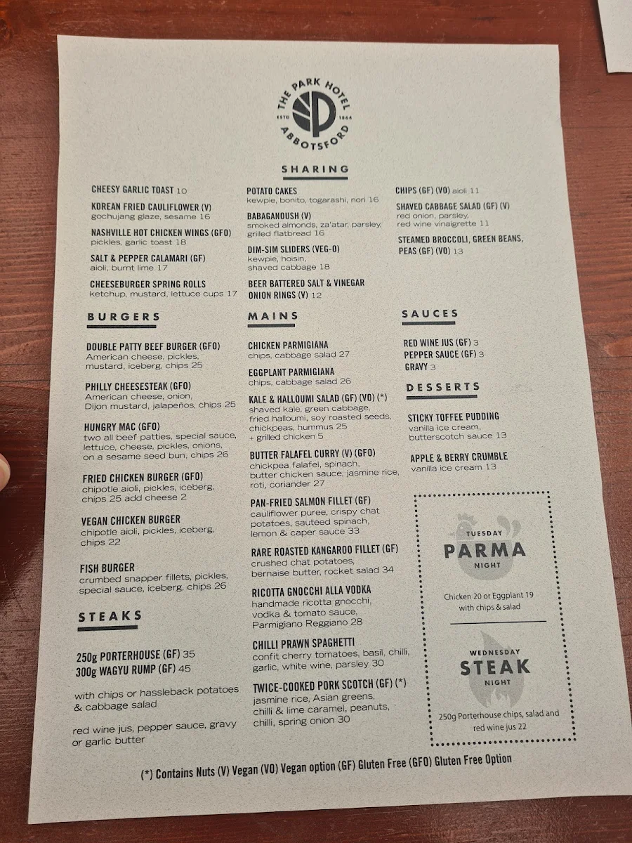 Menu, The Park Hotel