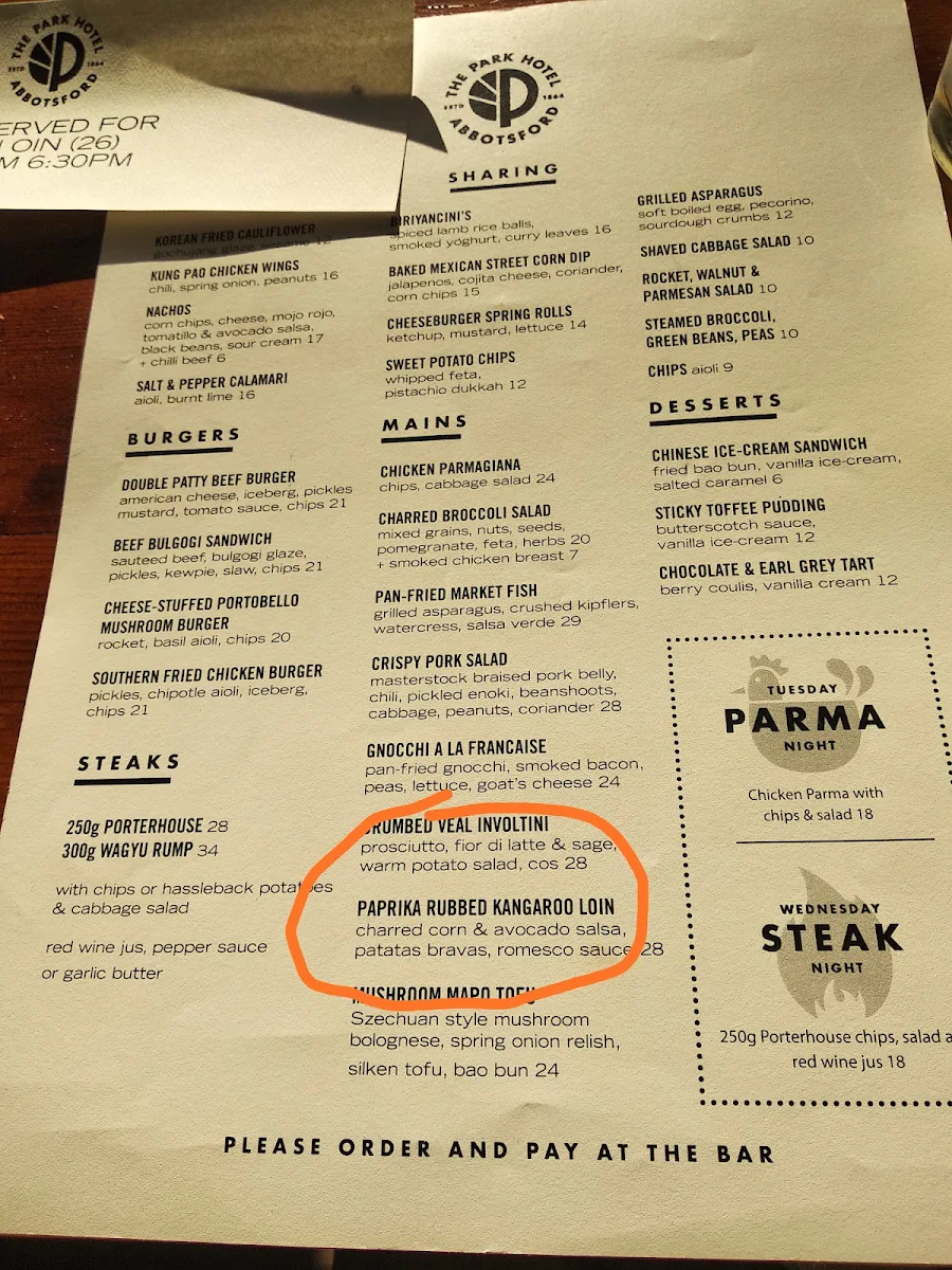 Menu, The Park Hotel