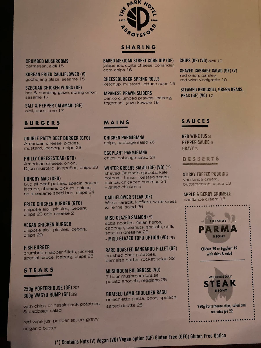 Menu, The Park Hotel