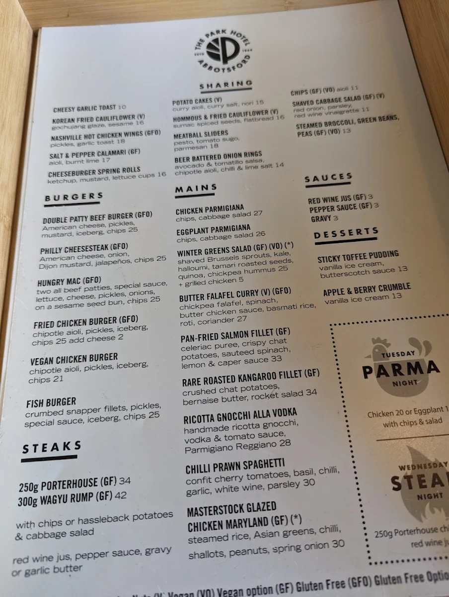 Menu, The Park Hotel