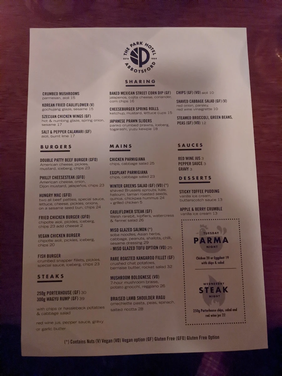 Menu, The Park Hotel