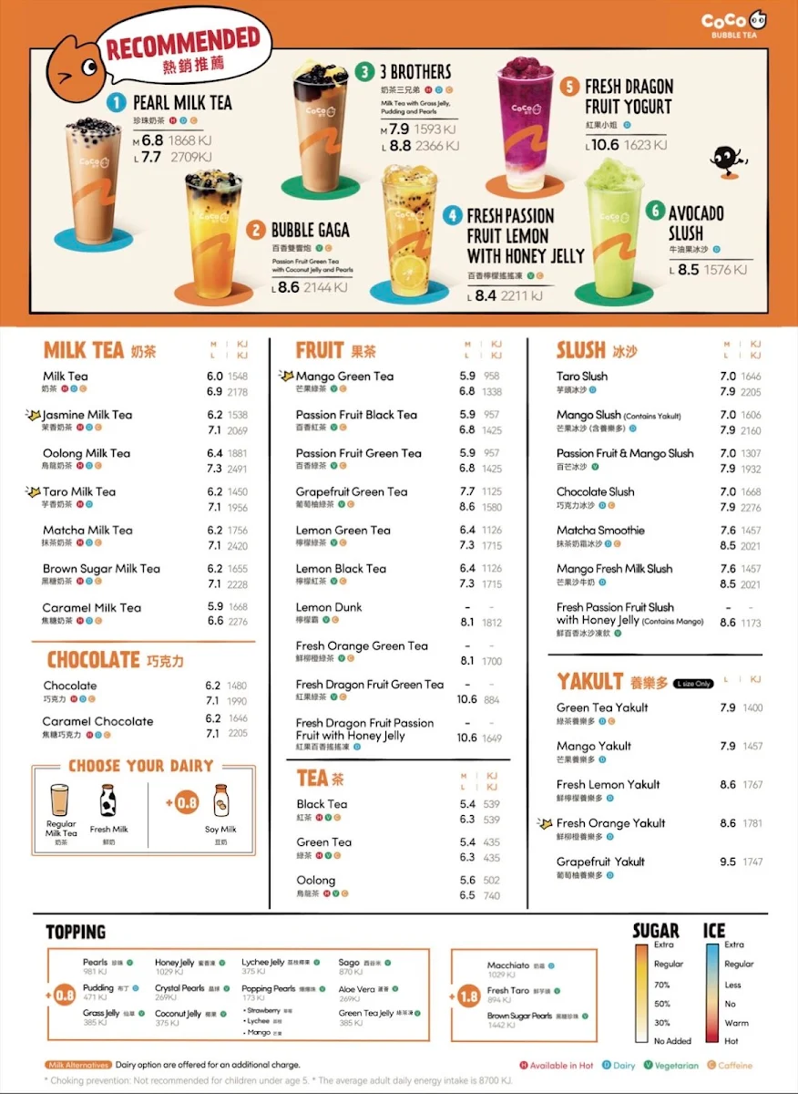 Menu, Coco Bubble Tea Arndale