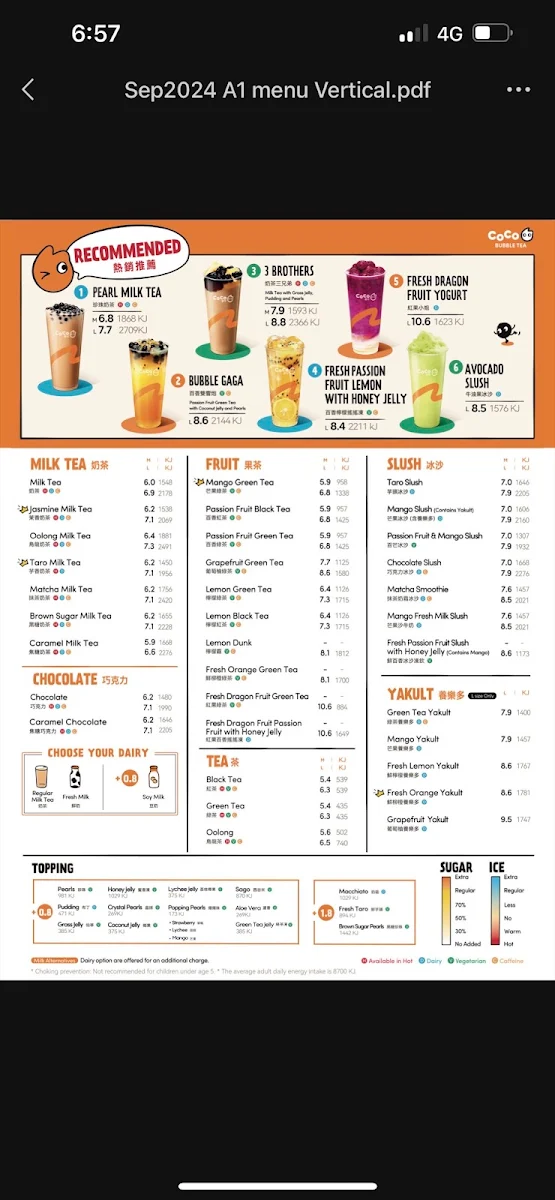 Menu, Coco Bubble Tea Arndale