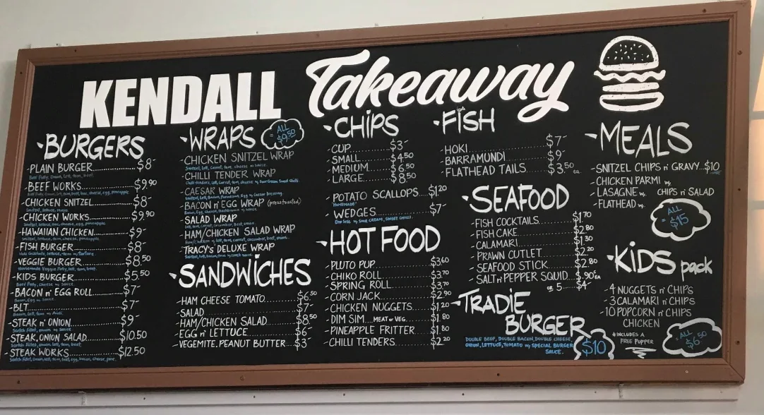Menu, Kendall Takeaway