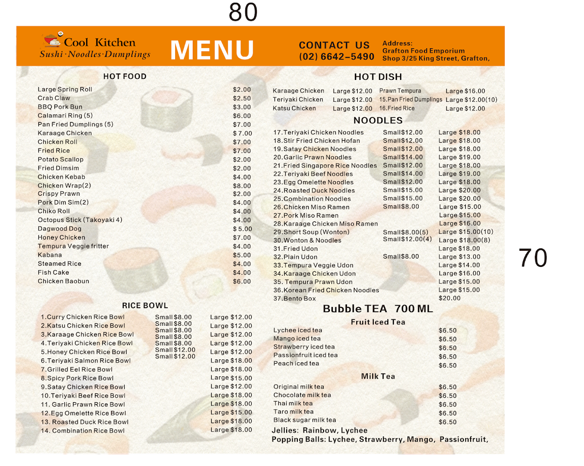 Menu, Cool Sushi & Noodles Grafton