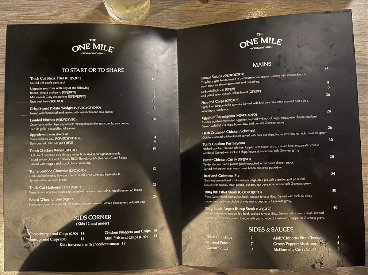 Menu, The One Mile Woolloongabba (Sports Bar & Restaurant)