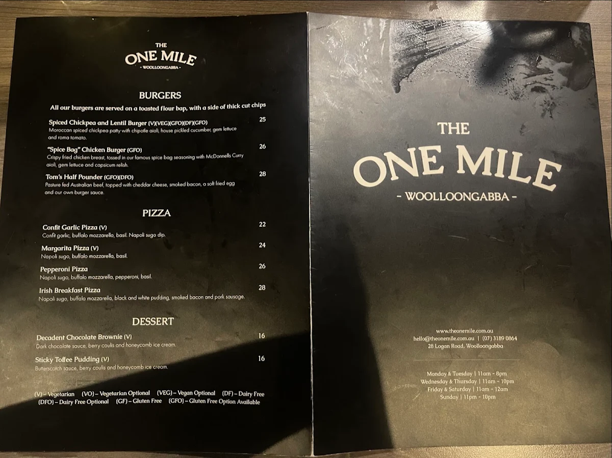 Menu, The One Mile Woolloongabba (Sports Bar & Restaurant)