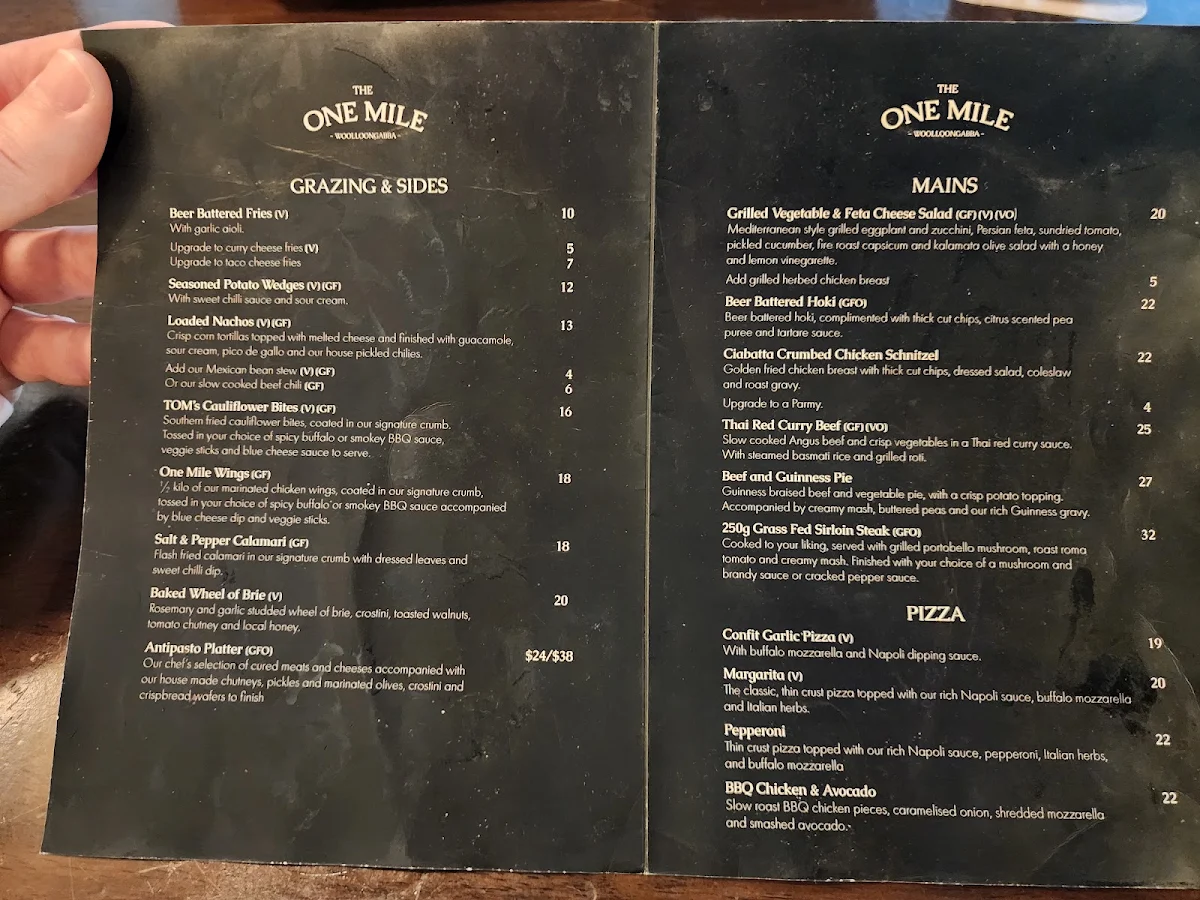 Menu, The One Mile Woolloongabba (Sports Bar & Restaurant)