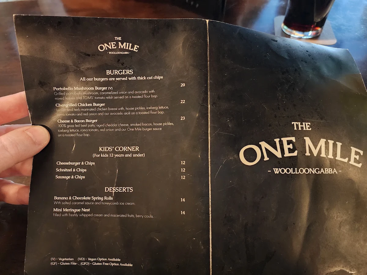 Menu, The One Mile Woolloongabba (Sports Bar & Restaurant)