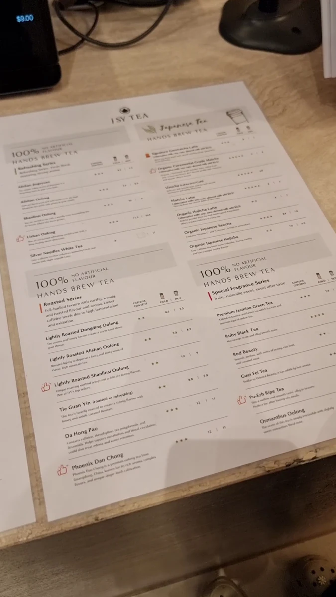 Menu, JSY Tea Chadstone