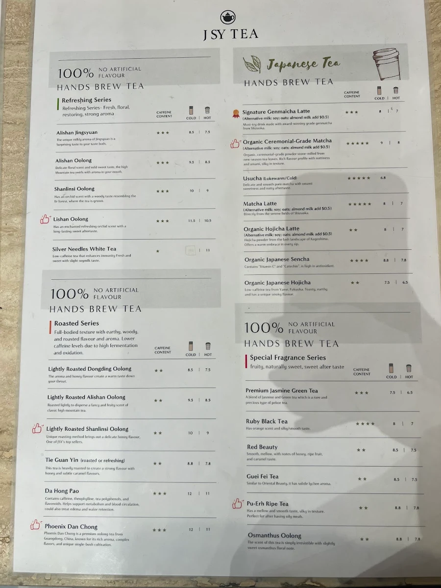 Menu, JSY Tea Chadstone