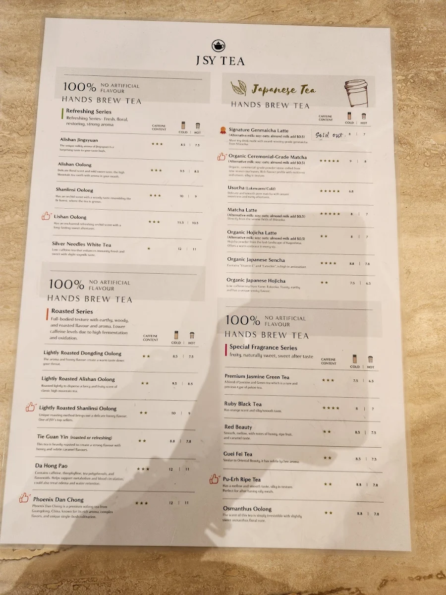 Menu, JSY Tea Chadstone
