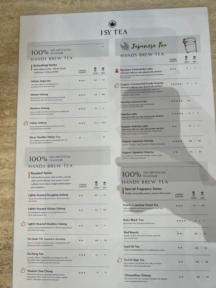 Menu, JSY Tea Chadstone