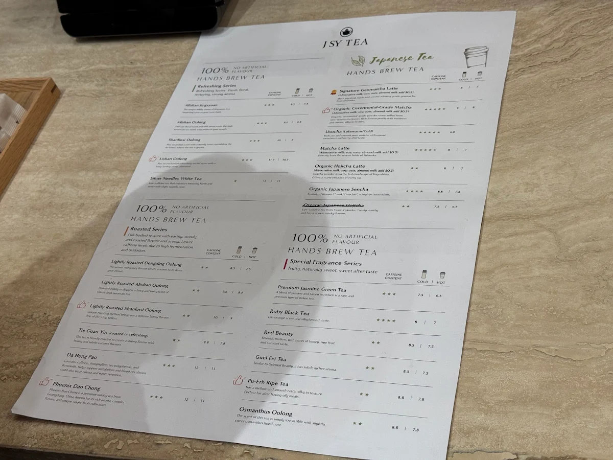 Menu, JSY Tea Chadstone