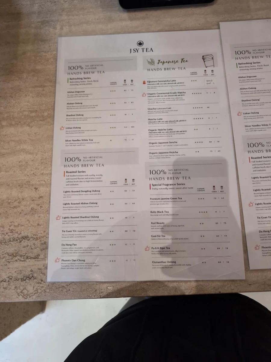 Menu, JSY Tea Chadstone