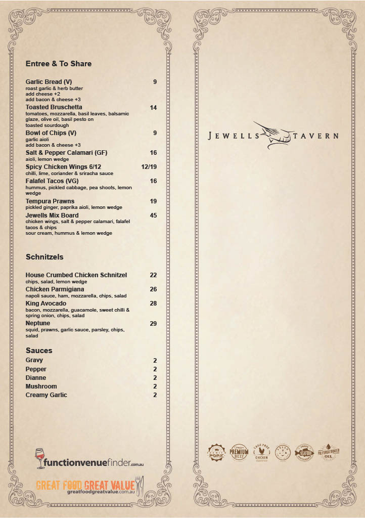 Menu, Jewells Tavern