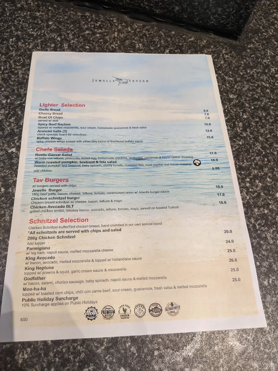 Menu, Jewells Tavern