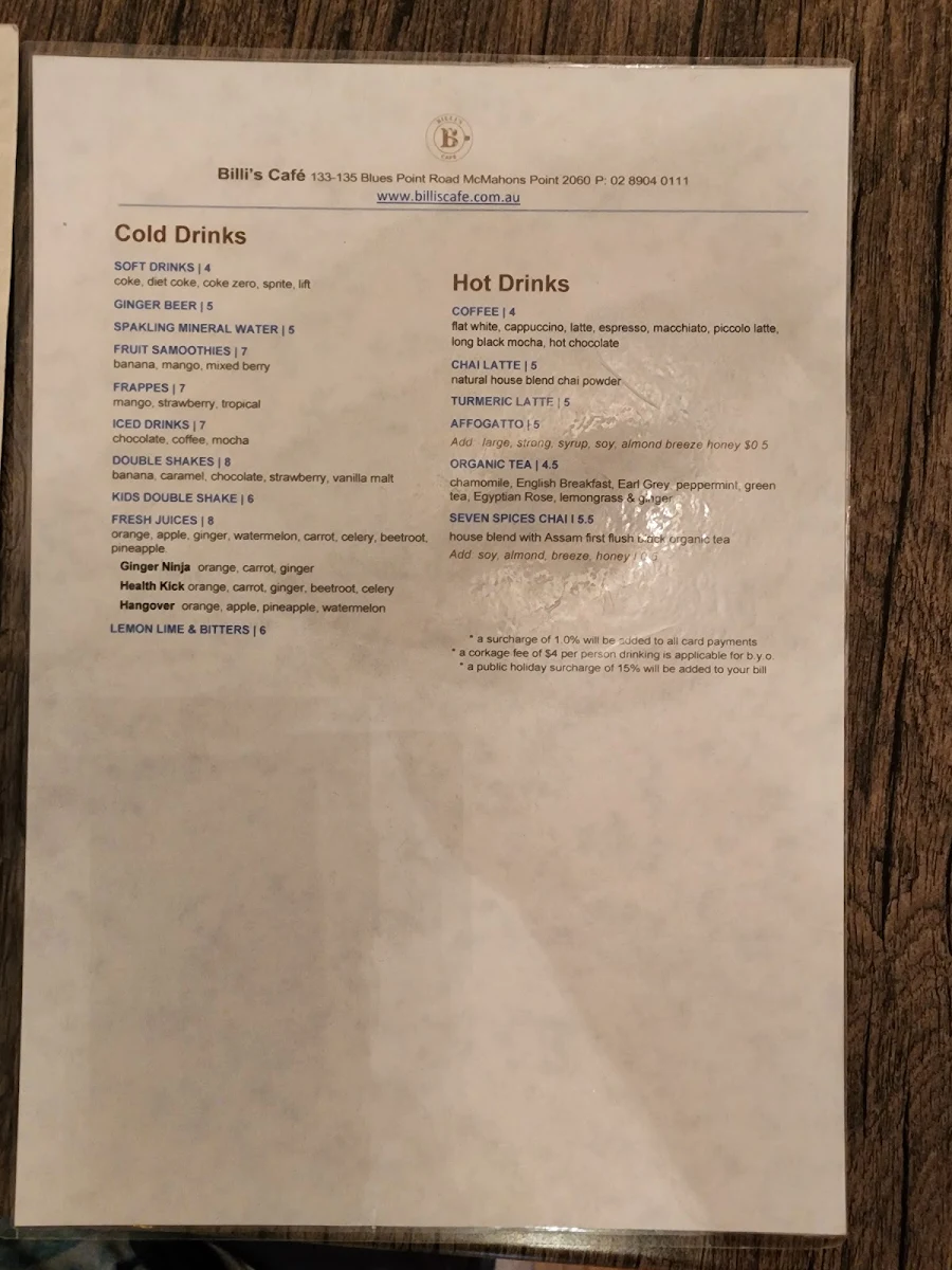 Menu, Billi's Cafe & Restaurant