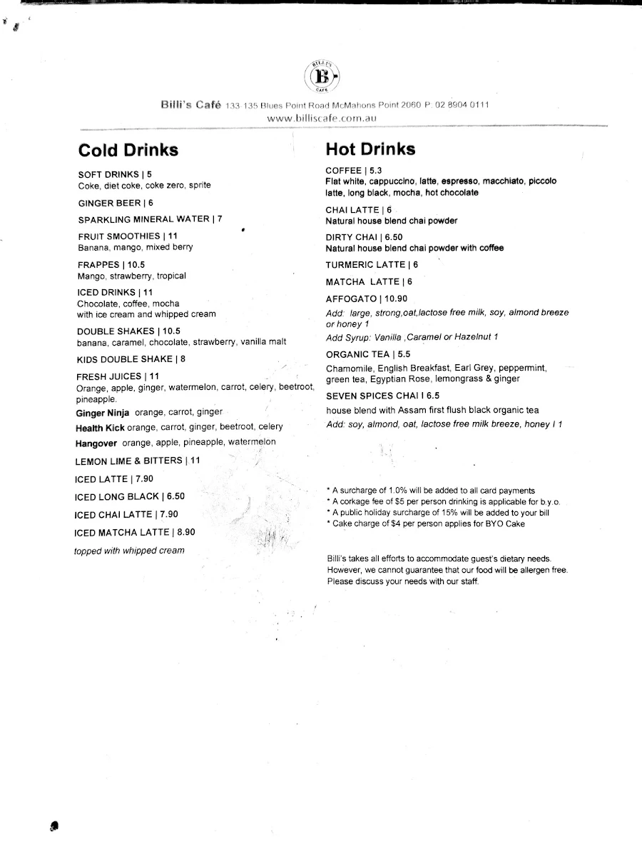 Menu, Billi's Cafe & Restaurant