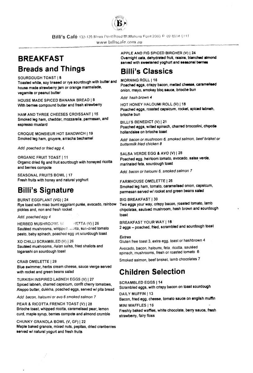 Menu, Billi's Cafe & Restaurant